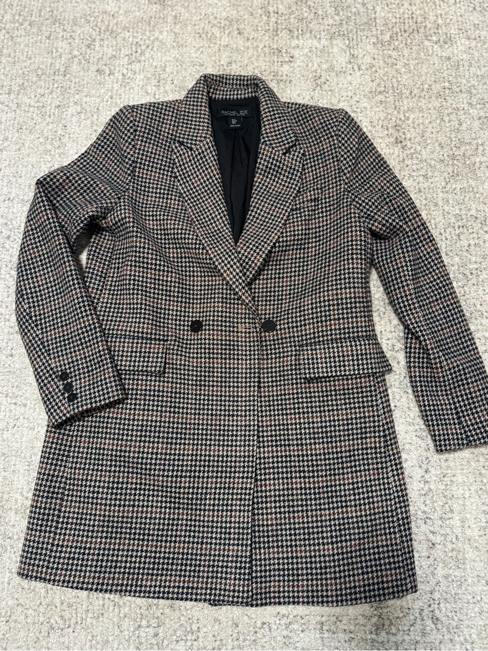Rachel Zoe Black and Brown Houndstooth Double-Breasted Blazer Coat